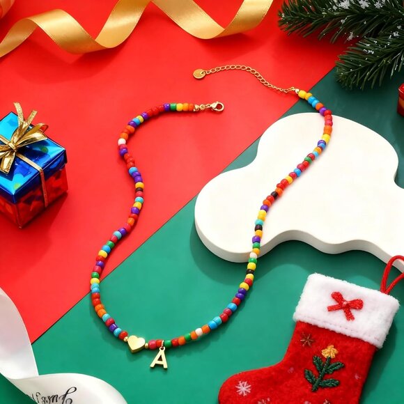 Personalized Colorful Initial Necklace for Girls - Adjustable Beaded Choker Gift - Picture 6 of 7